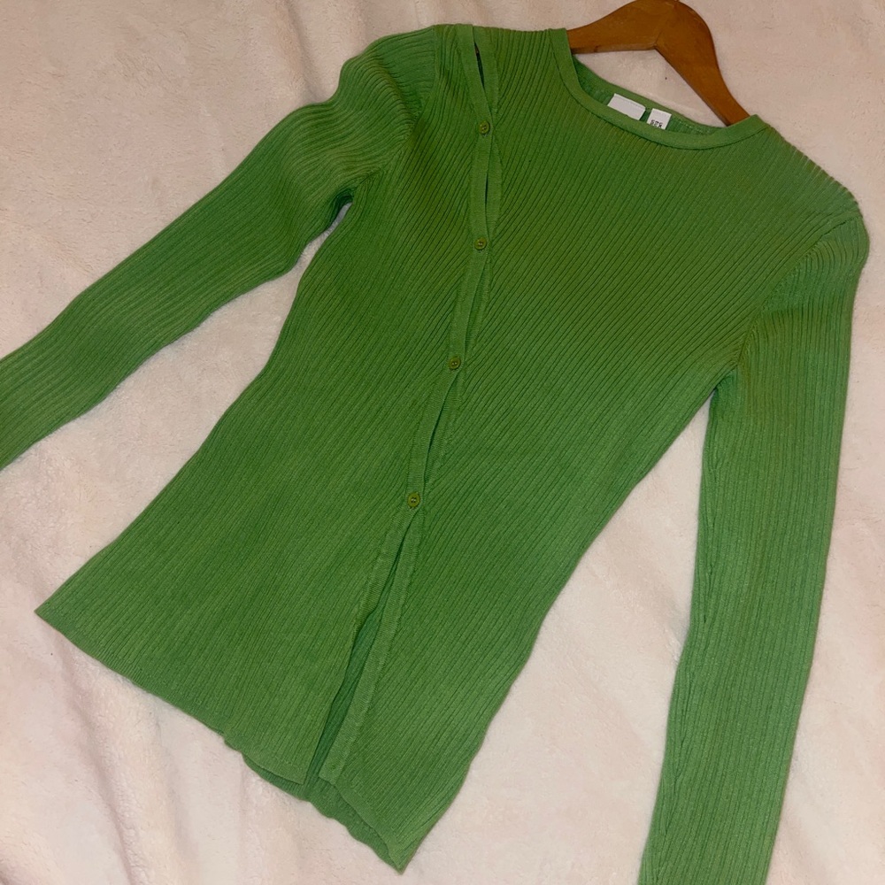 Knitted Ribbed Asymmetric Cardigan in Bright Green - Picture 3 of 6